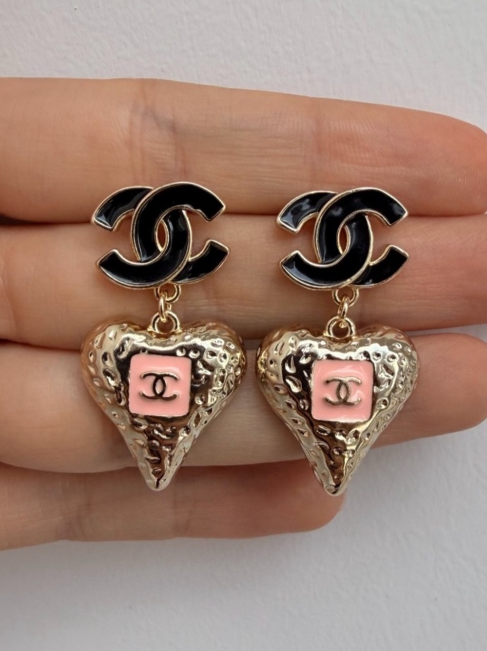 Chanel Pink Heart & Black CC Dangle Earrings Black & Gold Heart Drop